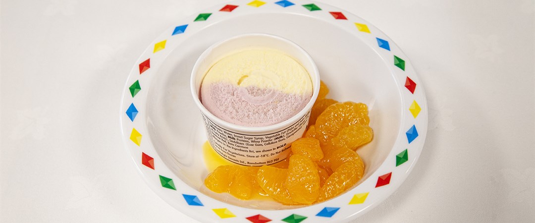 Raspberry flavour ice cream and fruit