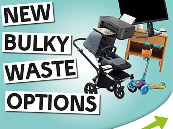 Bulky waste collections advert showing a pushchair, printer, TV, child's scooter and small bedside unit