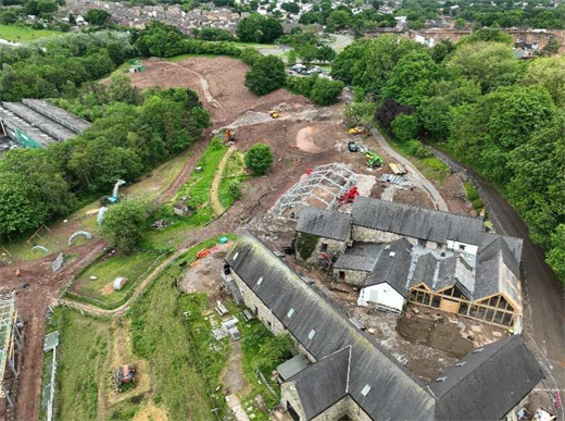 Aerial view of Greenmeadow Farm showing work to install heat pump