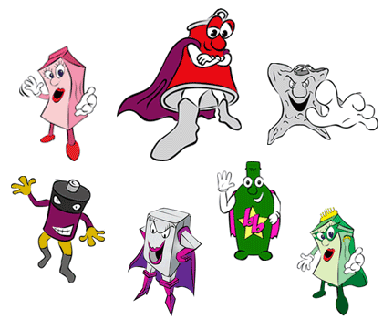Dan Can, Plastic Bagator, Billy Bottle, Battery Acid Bob, Candy Carton, Queen Green and Polly Steyrenne