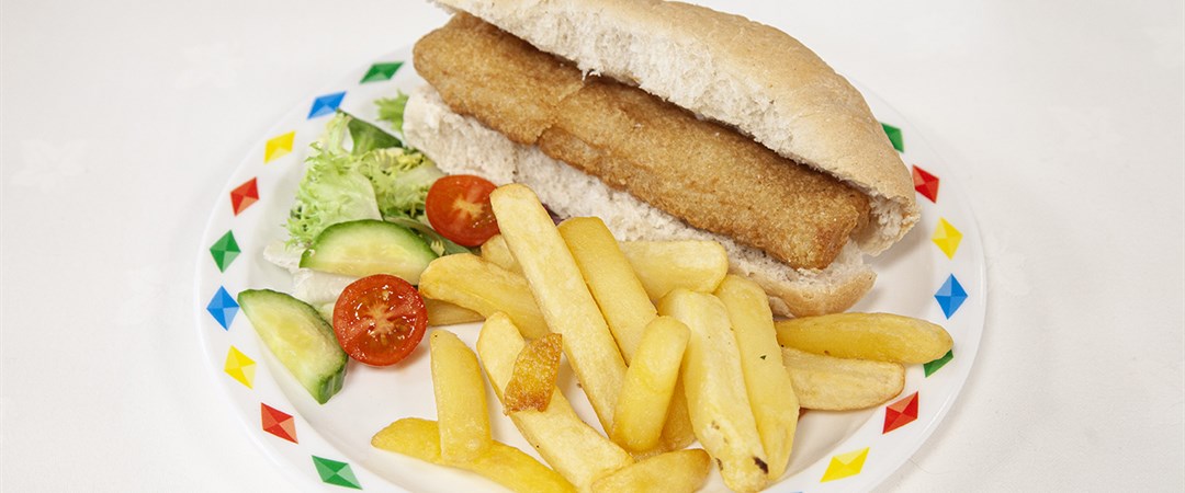 Jumbo fish finger sub with chips and side salad
