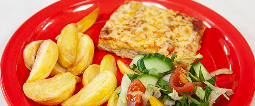 Cheese & Tomato Pizza with Potato Wedges, Vegetables or Salad