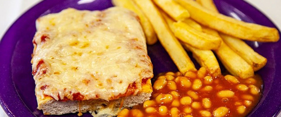 Cheese and Tomato Pizza with Chips, Peas or Baked Beans
