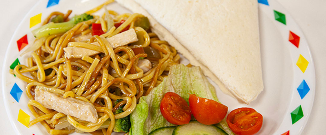 Chicken Breast with Sweet and Sour Vegetable Noodles, Tortilla Wrap and Salad