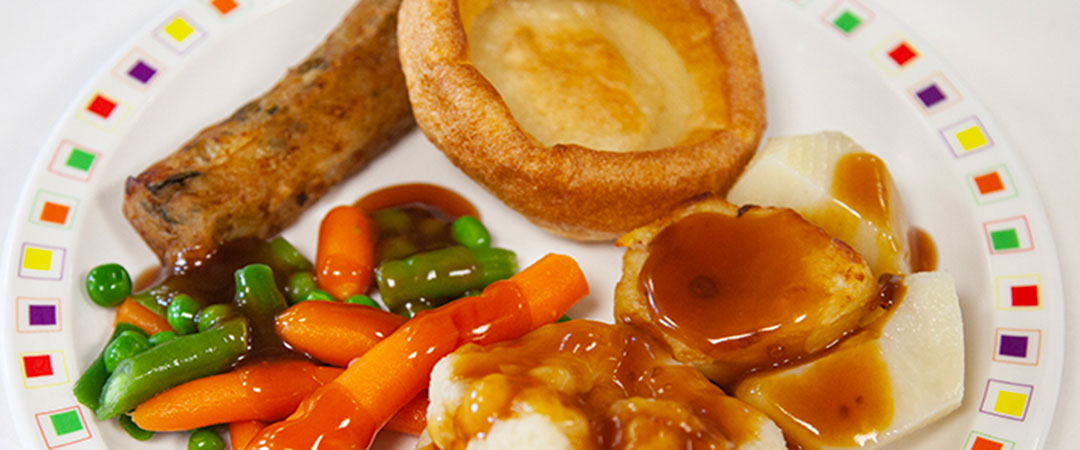 Glamorgan Style Sausage with Yorkshire Pudding, Roast  and Boiled Potatoes, Vegetables and Gravy