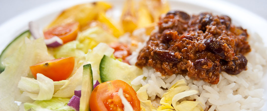 Mild Beef Chilli and Rice with Potato Wedges, Vegetables or Salad