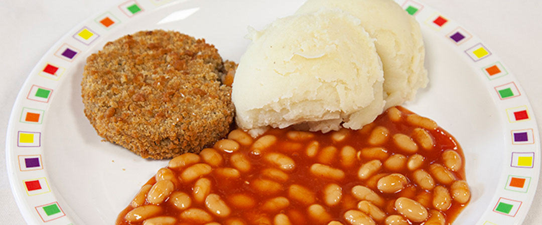 Salmon and Sweet Potato Fish Cake with Mashed Potato and Beans