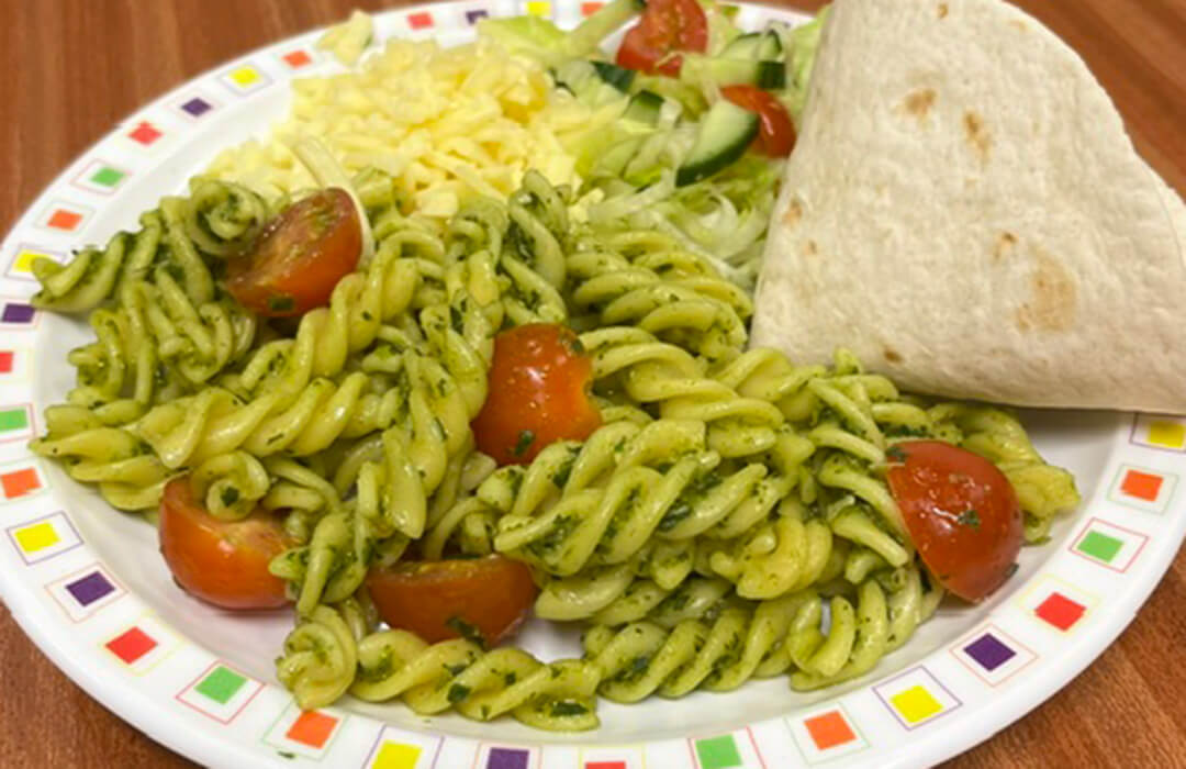 Basil and cherry tomato nut free Pesto (V) (pasta meal of the day)