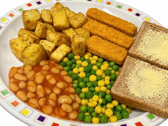 Cod fish fingers served with herby diced potatoes, peas and sweetcorn, bread and spread