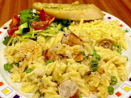 Creamy pork sausage and pea topped with a garlic crumb (pasta meal of the day)