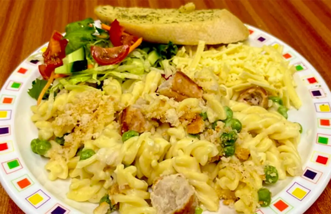 Creamy pork sausage and pea topped with a garlic crumb (pasta meal of the day)