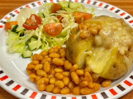 Jacket potato, beans and cheese with salad