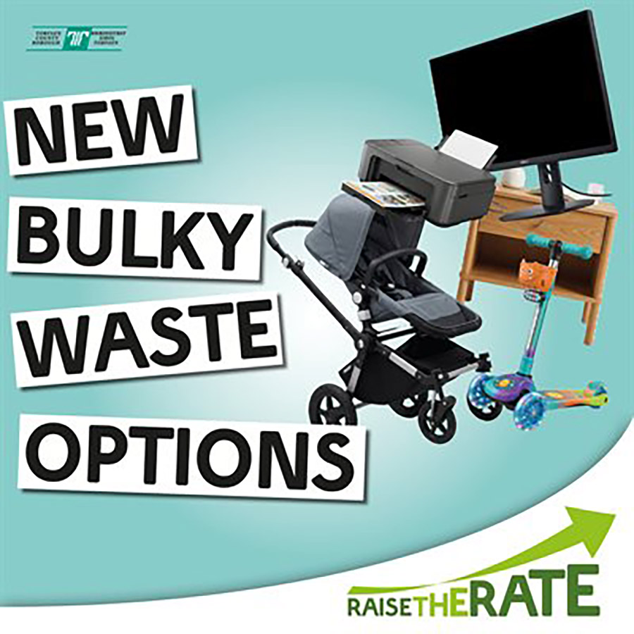 Bulky waste collections advert showing a pushchair, printer, TV, child's scooter and small bedside unit