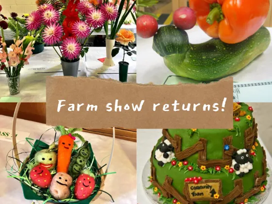 Farm show promotion prize flowers, home-grown vegetables, produce and a cake, with the text "Farm Show returns!" across
