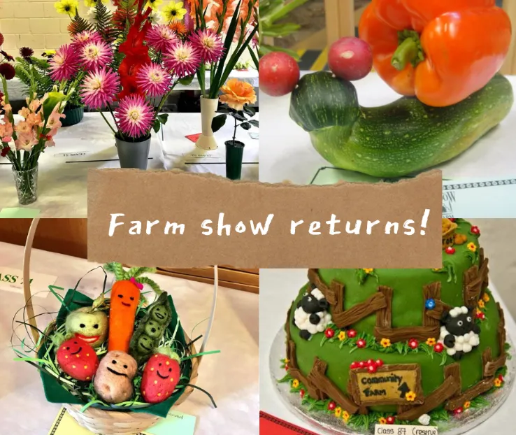 Farm show promotion featuring prize flowers, home-grown vegetables, decorated produce and a themed cake, with the text "Farm Show returns!" across