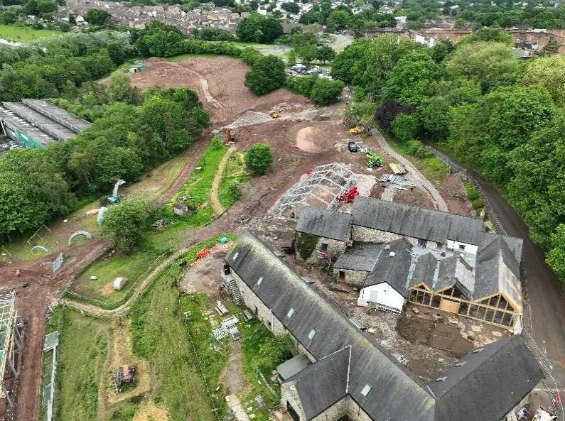 Aerial view of Greenmeadow Farm showing work to install heat pump