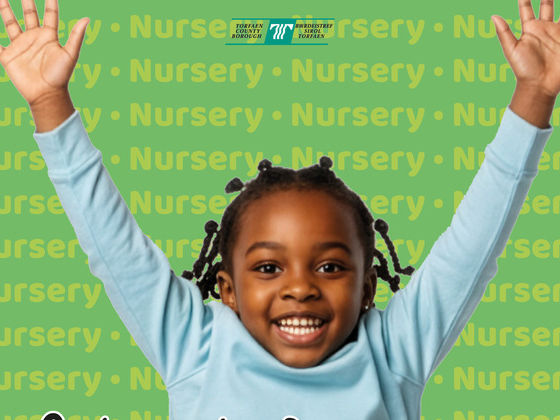 Smiling young girl with her arms raised, with text reading ‘Get ready for nursery. Small steps. Big confidence.’