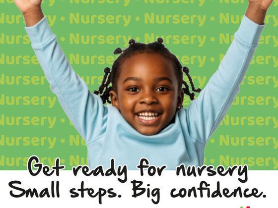 Smiling young girl with her arms raised, with text reading ‘Get ready for nursery. Small steps. Big confidence.’