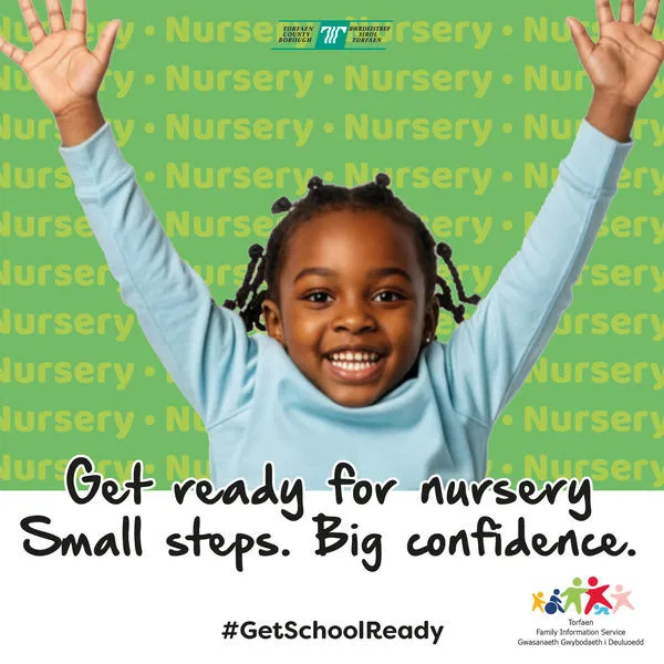 Smiling young girl with her arms raised, with text reading ‘Get ready for nursery. Small steps. Big confidence.’