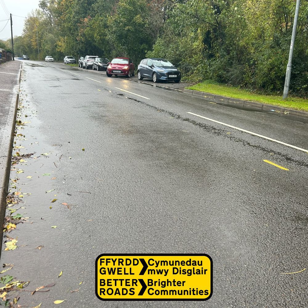 Station Road in Griffithstown with the Better Roads Brighter Communities logo