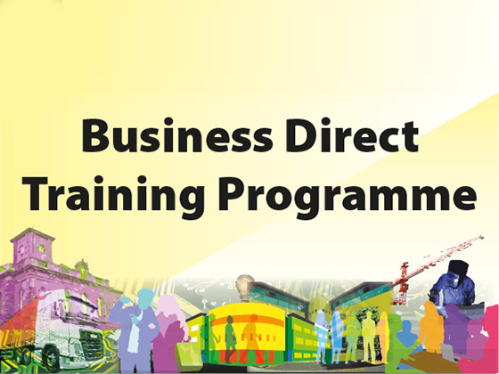 Business Direct Training Programme title over a colourful collage of buildings, construction workers, and people