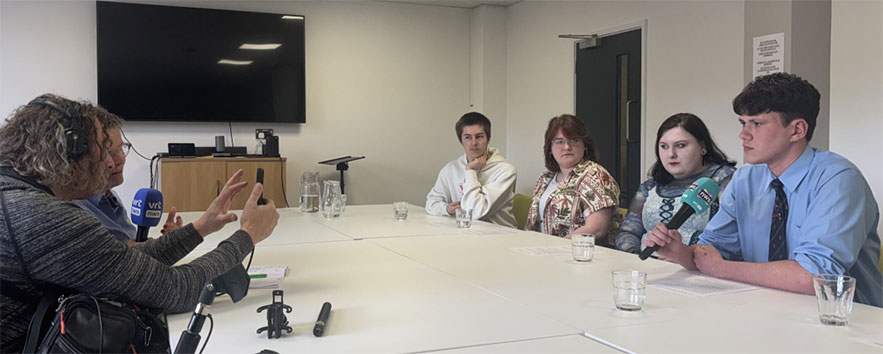 Members of the Youth Forum being interviewed by journalist Katrien Vanderschoot, from the Belgium’s state broadcaster VRT Radio